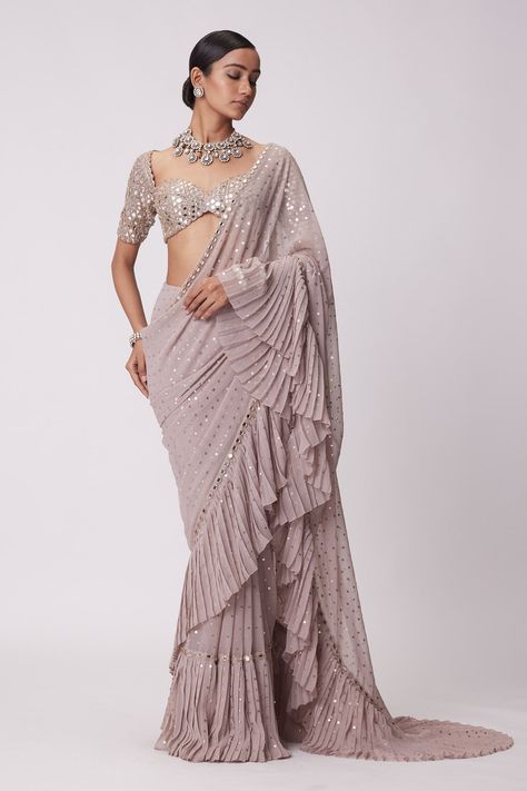 Shop for these amazing collections of Pink Georgette Embroidery Cosmic Sequin Pre-draped Ruffle Saree With Blouse For Women by Vvani by Vani Vats online at Aza Fashions. Frill Saree, Mirror Blouse, Vani Vats, Ash Pink, Mirror Embroidery, Weddings Receptions, Ruffle Saree, Classic Blouses, Indian Wedding Wear