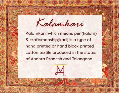 There are two distinctive styles of Kalamkari art in India – the Srikalahasti style and the Machilipatnam style. Art Facts, Kalamkari Art, Types Of Hands, Fashion Vocabulary, Cotton Textile, Andhra Pradesh, Indian Art, Block Print, Printed Cotton