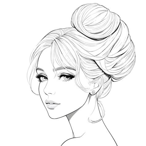 A woman with a bun and a bun | Premium Vector #Freepik #vector #girl-line #girl-outline #woman-line #woman-sketch Line Art Face Drawings, Bun Hairstyle Sketch, Woman’s Profile Drawing, Bun Hairstyle Drawing, Bun Sketch Hair, Girl Outline Drawing, Digital Art Girl Outline, 2024 Drawing, Girl Outlines