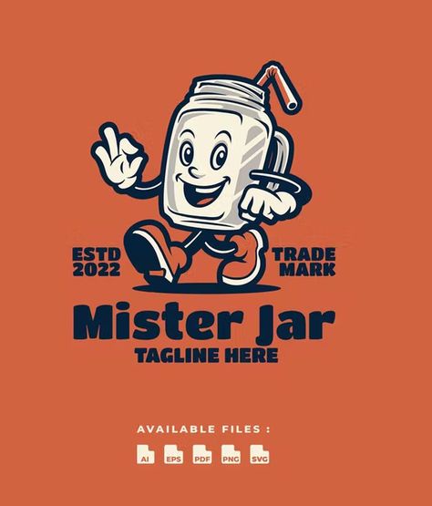 Drink Jar Retro Mascot Character Logo Template AI, EPS Logo With Mascot, Food Mascot Logo, Vintage Mascot Logo, Retro Mascot Logo, Retro Mascot Character, Retro T Shirt Designs, Jar Logo, Jar Illustration, Logo Drink