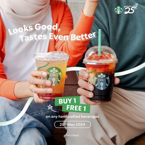 Starbucks Buy 1 FREE 1 Promotion on 25 May 2024 – Enjoy Delicious Handcrafted Beverages! Buy 1 Get 1 Free Design Poster Food, Coffee Promotion Design, Starbucks Promotion, Promo Product, Food Animation, Videography Ideas, Buy 1 Free 1, Coffee Display, Starbucks Store