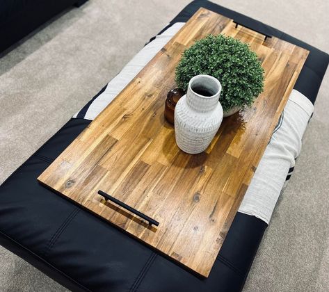 Diy Ottoman Tray Ideas, Diy Ottoman Tray Wood, Serving Tray On Ottoman, Ottoman Tray Diy, Trays On Ottomans Ideas, Diy Ottoman Tray, Tray On Ottoman, Ottoman Tray Ideas, Extra Large Ottoman