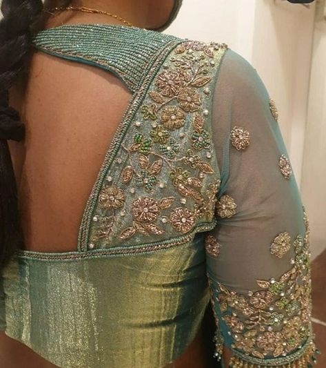 Latest 50 New Design Saree Blouse Back Patterns To Try in 2023 Maggam Work Blouse Designs Net Hands, Aari Work On Netted Blouse, Net Aari Work Blouse Designs, Embroidery On Bags, Simple Aari Work Blouse Design, Embroidery For Kids, Simple Aari Work Blouse, Simple Aari Work, Aari Work Blouse Design