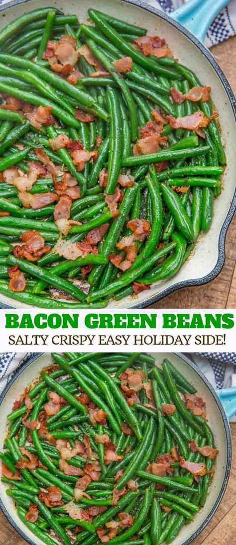 Green Beans with Bacon made with green beans, bacon, and seasoning are fresh, crisp, and savory, ready in under 15 minutes! #greenbeans #fresh #bacon #sidedish #christmas #easy #stovetop #sauteed #skillet #recipe #dinnerthendessert Green Beans And Bacon Recipe, Sauteed Green Beans With Bacon, How To Cook Fresh Green Beans With Bacon, Skillet Green Beans With Bacon, Green Beans Brown Sugar Bacon, Brown Sugar Bacon Green Beans, Brown Sugar And Bacon Green Beans, Buttery Bacon Green Beans, Bacon Dinner