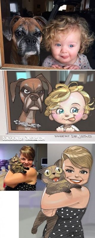 Adorable Pets and Their Humans Drawn as Cartoon Characters Robert Dejesus, Portrait Au Crayon, Draw Realistic, 얼굴 드로잉, Portrait Cartoon, Caricature Drawing, Photo To Cartoon, Cartoon Sketches, Pencil Portrait