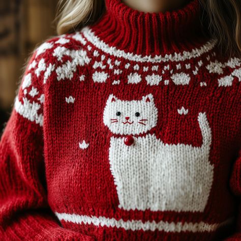 Shop: woolartdesign.etsy.com 💛 This adorable Christmas sweater knitting pattern features a playful white cat with a red button nose. It's perfect for beginner to intermediate knitters, with clear instructions and easy-to-follow charts. You'll get a detailed, knitting chart/pattern in PDF format. Materials needed: Yarn Knitting needles (size will depend on your yarn choice) Download and print: Once you purchase this digital download, you will receive access to download the PDF pattern to your de Christmas Sweaters Knitting Patterns, Styling Christmas Sweater, Knit Ugly Christmas Sweater Pattern, Knit Cat Sweater Pattern, Knit Christmas Sweater Pattern, Cat Knitting Chart, Fun Knitting Patterns, Cat Sweater Crochet Pattern, Christmas Sweater Knitting Pattern