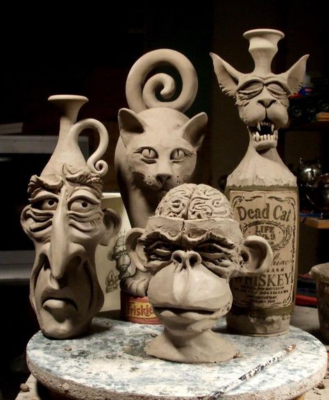 A man, a monkey, and a couple of cats by Mitchell Grafton. -via Grafton Pottery, FB Clay Pot Art, Grafton Pottery, Mitchell Grafton, Halloween Pottery, Face Jugs, Clay Artist, Sculptures Céramiques, Writing Prompt, Ceramic Animals