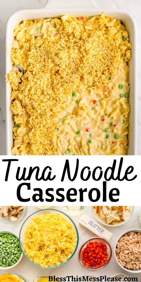 A fun spin on the classic Tuna Noodle Casserole that is full of tuna, peas, mushrooms, and topped with crunchy potato chips. This dish is easy to whip up and gets rave reviews every time. #tunanoodle #tuna #dinner #recipe #casserole Classic Tuna Noodle Casserole, Tuna Dinner, Recipe Casserole, Tuna Noodle Casserole Recipe, Quick Chicken Dinner, Tuna Casserole Recipes, Noodle Casserole Recipes, Crunchy Potatoes, Inexpensive Dinners