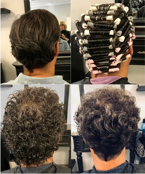 White, gray, and pink rods creating lots of curls Permanent Curly Hair, Loose Perm Short Hair, Type Of Haircut, Mens Haircuts Thick Hair, Loose Perm, Short Perm, Perm Curls, Hair Rods, Short Permed Hair