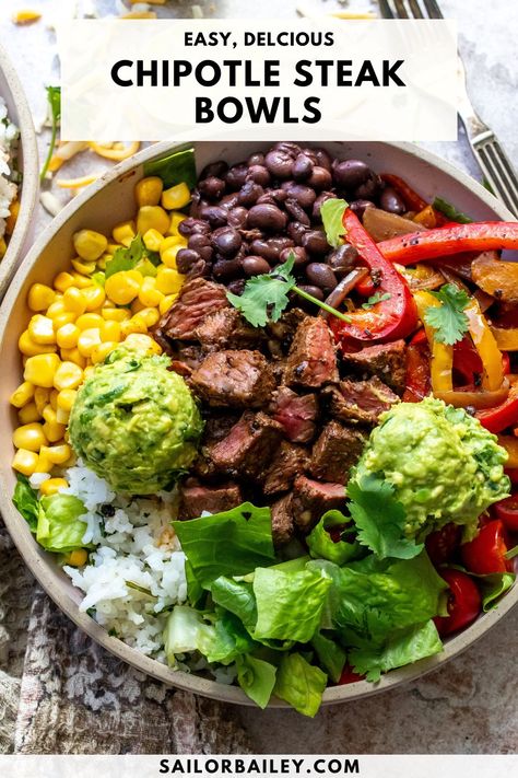 Mexican High Protein Meals, Veggie Packed Dinner Recipes, Steak Chipotle Bowl, Beef Protein Bowl, Instant Pot Recipes High Protein, High Protein Beef Meals, Chipotle Bowl Recipe Steak, Burrito Bowl Steak, Rice Steak Bowls