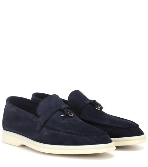 Loro Piana - Summer Charms Walk suede loafers - Loro Piano's Summer Charms Walk loafers embody the label's timelessly-elegant aesthetic. Crafted in Italy from supple suede in navy, the style has a classic shape embellished with golden namesake embellishments, and sits atop cream rubber soles. Team yours with tailored trousers for an ideal balance of modern and traditional looks. seen @ www.mytheresa.com Loro Piana Men Shoes, Loro Piana Loafers, Loro Piana Summer Charms, Loro Piana Summer Walk, Loro Piana Shoes, Loafers Summer, Loro Piana Men, Blue Loafers, Canvas Loafers