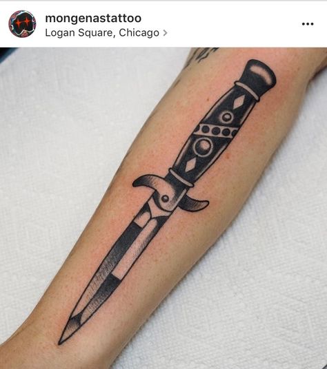 Knife Arm Tattoo, Switchblade Tattoo, Stilleto Knife Tattoo Design, Old School Knife Tattoo, Traditional Switchblade Tattoo, Traditional Tattoo Knife, American Traditional Switchblade Tattoo, Pocket Knife Tattoo American Traditional, Traditional Tattoo Switchblade