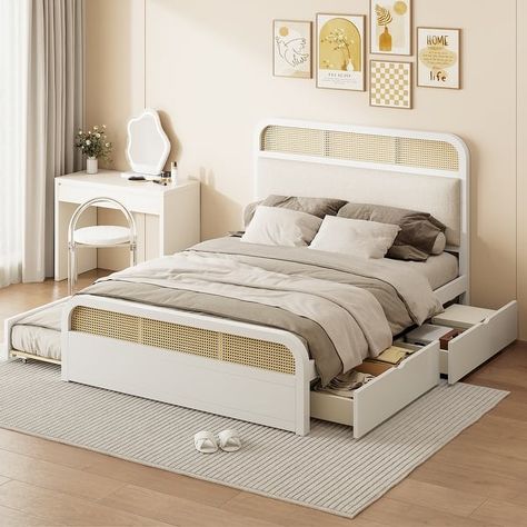 Wooden Queen-Size Platform Bed with Trundle and 2 Drawers - Bed Bath & Beyond - 41343958 Platform Bed With Trundle, Queen Platform Bed Frame, Twin Trundle Bed, Space Saving Beds, Rattan Headboard, Wooden Platform Bed, Queen Size Platform Bed, Bed With Trundle, Pull Out Bed