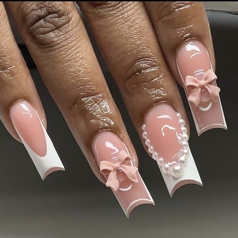 Birthday Nail Set Ideas December, Medium Birthday Nails, Pearl Nails Acrylic, Nail Ideas Acrylic, Latina Nails, Hoco Nails, Short Square Acrylic Nails, Pearl Nails, Pink Acrylic Nails