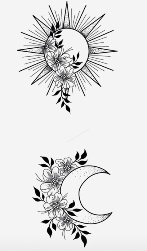 Sun Moon Stars Flower Tattoo, Moon Sun Flowers Tattoo, Shaded Sun And Moon Tattoo, Sun And Flowers Tattoo, Sun Moon Flower Tattoo, Flower Sun Tattoo, Half Sun Half Moon Tattoo, Sun With Flowers Tattoo, Sunflower And Moon Tattoo