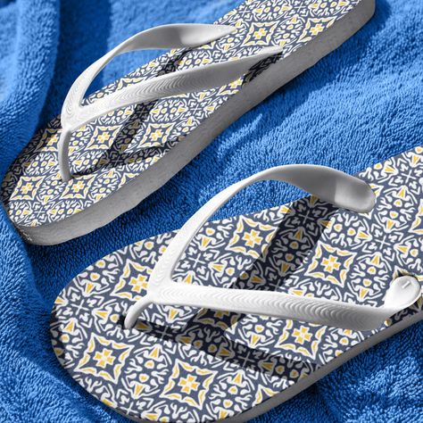 Mediterranean Pattern, Comfy Flip Flops, Pattern Flip Flops, Navy And Yellow, Chic Sandals, Stylish Sandals, Beach Ready, Hair Accessories Jewelry, Beach Shoes