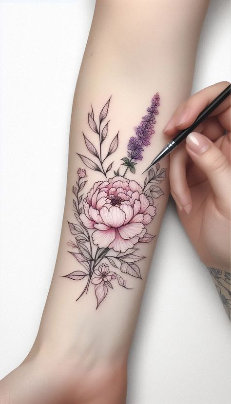 Elegant Peony & Lavender Watercolor Tattoo – November Birth Flower Design Peony Tattoo With Name, Fine Line Dahlia Tattoo, Peonies Tattoo Design, Flower Garden Tattoo, April Flower Tattoo, March Birth Flower Tattoo, December Birth Flower Tattoo, Carnation Flower Tattoo, Pansy Tattoo