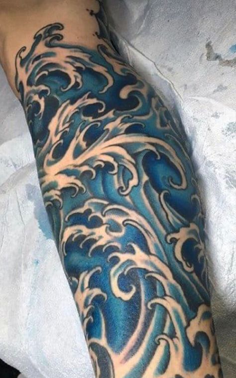 Wave Tattoo Sleeve, Japanese Wave Tattoo, Wave Tattoo Ideas, Japanese Forearm Tattoo, Japanese Wave Tattoos, Ocean Sleeve Tattoos, Ocean Sleeve, Octopus Tattoo Sleeve, Traditional Hand Tattoo