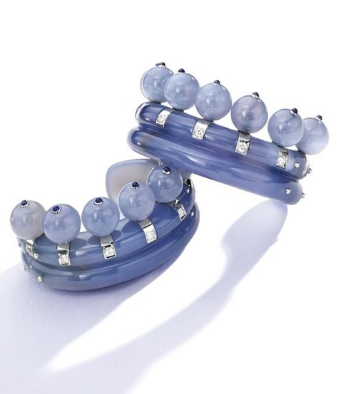 Pair of White Gold, Chalcedony, Sapphire and Diamond 'Couronne' Cuff-Bracelets… Suzanne Belperron, Duchess Of Windsor, Bijoux Art Deco, French Jewelry, International Jewelry, Color Bands, Royal Jewels, Beaded Top, European Cut Diamonds