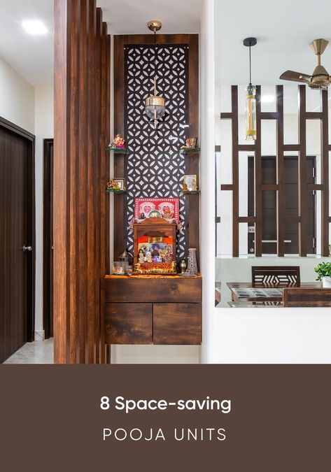 We have curated some modern pooja room designs that can fit into the smallest of spaces. If you are short on space, take a look at these. Compact Pooja Room, Devudu Room Designs, Compact Pooja Unit, Hidden Mandir In Living Room, Puja Unit Design In Living Room, Pooja Unit Designs Modern, Pooja Unit In Living Room, Modern Pooja Unit, Pooja Unit Designs