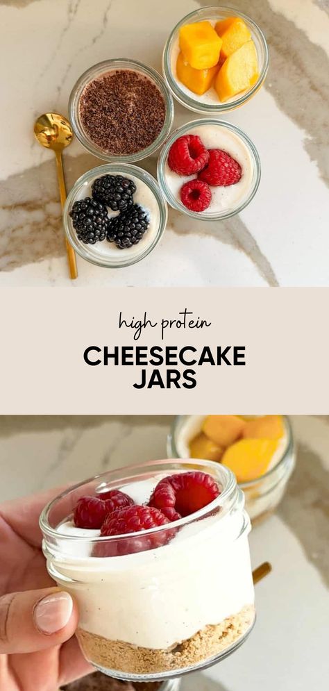 High Protein Cheesecake in a Jar is the perfect sweet treat to have in your fridge. The perfect healthy single serve dessert to have prepped in your fridge. These no bake cheesecake jars take just a few minutes to make, just blend the ingredients and assemble. No Bake Meal Prep, Meal Prep Dessert Ideas, High Protein Snacks No Fridge, High Protein Quick Dessert, Healthy Dessert Meal Prep, Healthy Single Serve Cheesecake, Healthy Lunch Desserts, Healthy Cheesecake In A Jar, Healthy Cheesecake Recipes No Bake