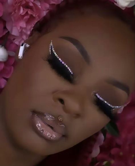 Bling Makeup Looks Black Women, Graduation Makeup With Rhinestones, Rhinestone Makeup Prom, Prom Glam Makeup Silver, Prom Makeup Black Women Silver, Rhinestone Eye Makeup Black Women, Silver Prom Makeup Looks, Soft Glam With Rhinestones, Rhinestone Makeup Looks Black Women