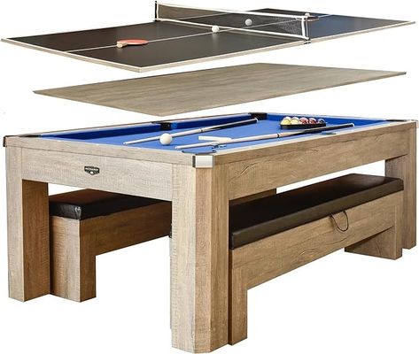 Amazon.com : Hathaway Newport 7-ft Pool Table Combo Set with Benches - Rustic Grey with Blue Felt : Sports & Outdoors Table Tennis Net, Game Room Tables, Padded Bench, Billiards Pool, Bed Bench, Stylish Tables, Dining Table Top, Rec Room, Pool Table