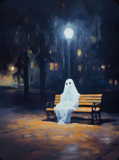 Bench Painting, Cottagecore Artwork, Ghost Paintings, Painting Cottagecore, Ghost Painting, Ghost Drawing, Witchy Wallpaper, Halloween Artwork, Halloween Wallpaper Iphone