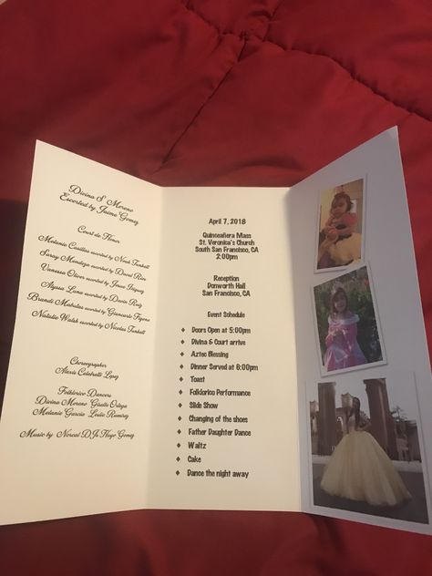 Trifold program Quince Programs, Quince Schedule, Sweet 16 Schedule, Quince, Family Gathering, Quinceanera, Sweet 16, Beauty And The Beast, How To Plan