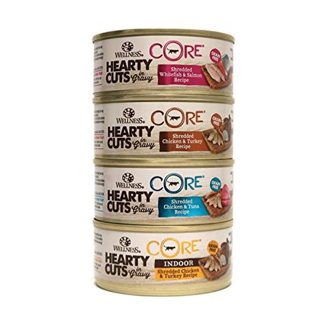 Wellness CORE Hearty Cuts Natural Grain Free Wet Canned Cat Food Variety Pack  4 Flavors  55Ounce Cans 3 of Each Flavor  12 Total Cans ** Learn more by visiting the image link. (This is an affiliate link) #CatFood Indoor Chicken, Shredded Turkey Recipes, Herring Recipes, Food Variety, Shredded Turkey, Liver Recipes, Cat Nutrition, Canned Cat Food, Cat Ideas