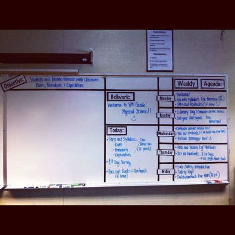 Classroom: My whiteboard organization! I used black electric tape to grid my white board. I printed signs for Monday-Friday, weekly agenda, bellwork, today and objective on my computer, glued it to black paper and laminated them! Then taped them up! This helps to keep me and my students organized! :): Classroom Whiteboard Organization, Morning Planner, Organized Schedule, White Board Ideas, Whiteboard Organization, Classroom Whiteboard, Teaching Organization, Weekly Agenda, History Classroom