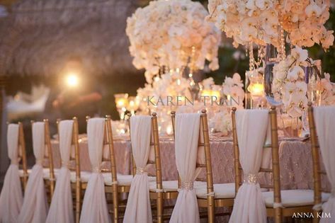 I like this idea for sashes on chivari chairs. Chivari Chairs, Gold Chair, Chair Sash, Wedding Chair, Maui Weddings, Wedding Chairs, Wedding Wishes, Reception Decorations, Wedding Bells