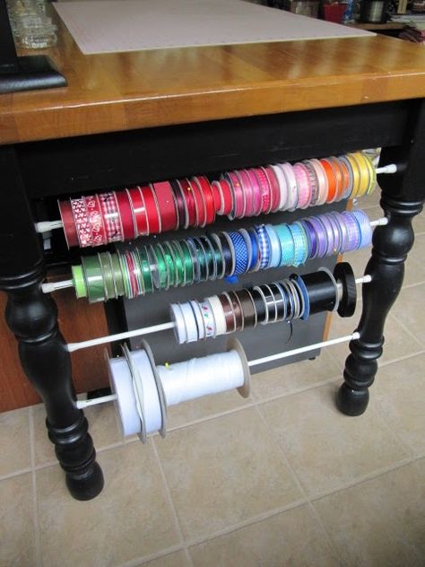 ♔  RIBBON STORAGE WITH TENSION RODS Wrapping Paper Storage, Ribbon Organization, Ribbon Storage, Tension Rods, Dream Craft Room, Scrapbook Room, Tension Rod, Craft Area, Office Crafts