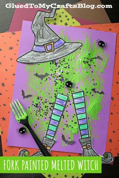 Fork Painted Melted Witch Craft - Glued To My Crafts Witch Activity Preschool, Witch Art Preschool, Witch Craft For Preschool, Witches And Wizards Activities, Witch Craft For Toddlers, Preschool Witch Crafts, Witch Preschool Activities, Witch Activities Preschool, Witch Craft Preschool