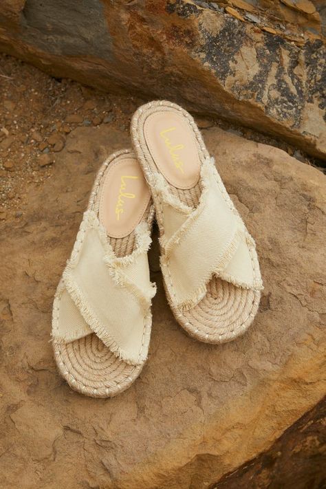 Verka Beige Denim Espadrille Slide Sandals | Lulus Getaway Dress, Denim Espadrilles, Pretty Little Dress, Espadrilles Slides, Pretty Sandals, Beige Sandals, Lulu Fashion, Sandal Heels, Leather Slide Sandals