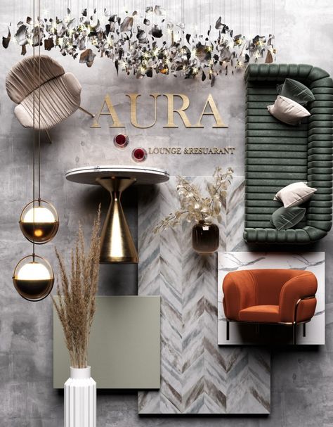 VWArtclub - Aura Lounge Colourful Luxury Interior, Swanky Dining Room, 2023 Home Interior Trends, Ramadan Artwork, Restaurant Moodboard, Glam Ideas, Industrial Glam, Materials Board Interior Design, Wellness Room