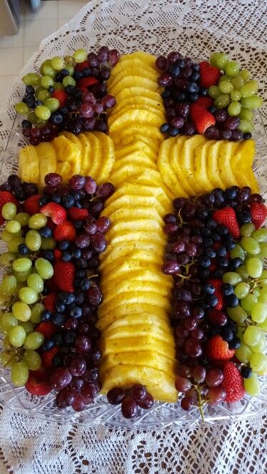 First Communion Fruit Platter                                                                                                                                                                                 More Fruit Tray Ideas, Platter Party, Easter Food Appetizers, Fruit Platters, Holy Communion Party, First Communion Decorations, Easter Appetizers, Communion Decorations, First Communion Party