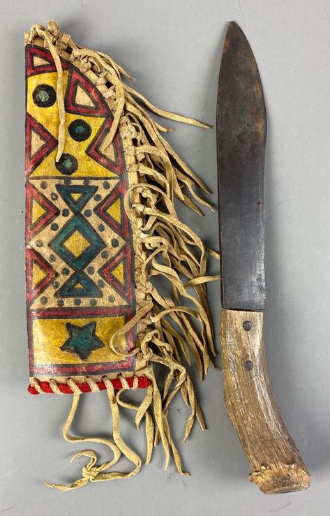 Native American Stag Handled Knife with Painted Leather Sheath Painting Leather, Personal Checks, Leather Sheath, First Nations, Axes, Nativity, Native American, Auction, Toys