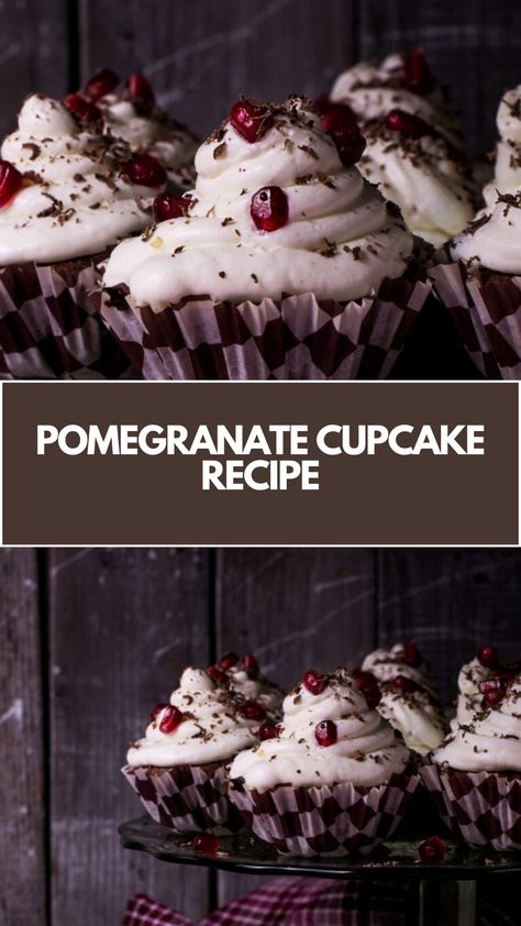 Pomegranate Cupcake Recipe made of light and fluffy vanilla cupcakes infused with pomegranate juice, topped with a creamy pomegranate frosting it serves about 12 and takes about 30 minutes to prepare and bake, perfect for any celebration. Deserts With Pomegranate, Pomegranate Dessert Recipes, Pomegranate Frosting, Pomegranate Recipes Dessert, Pomegranate Cupcakes, Pomegranate Muffins, Pomegranate Cheesecake, Pomegranate Cake, Pomegranate Dessert