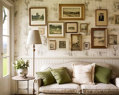 Cottage gallery wall, wall art, home decor and framed art in the English country house interior with antique furniture royalty free stock image English Country Office, English Country Cottage Interiors, Cottage Gallery Wall, English Country House Interior, English Farm, English Country Interiors, Country Cottage Interiors, English Country Cottage, Country House Interior