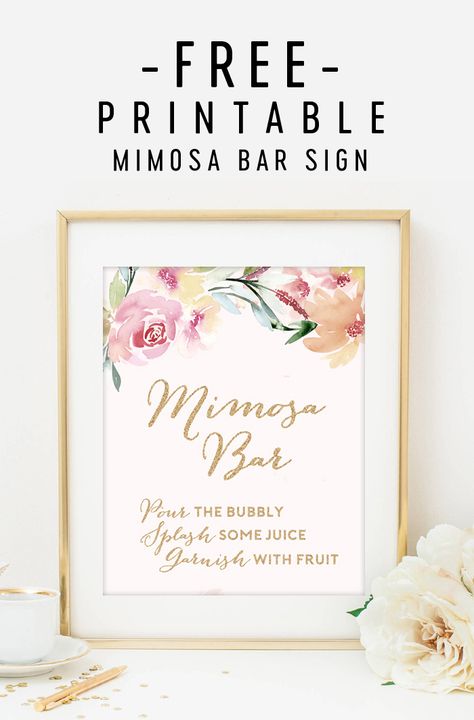 Mimosa Bar Free Watercolor Flowers Printable | Printable Market Mimosa Bar Free Printables, Mimosa Sign Printable Free, Mimosa Bar Sign Ideas, Mimosa Bar Sign Printable Free, Momosa Mimosa Bar, Mimosa Bar Printables, Mimosa Bar Ideas, Easter Brunch Decorations, Brunch Decorations