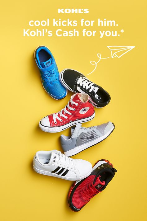 Help him step into the school year in style. Whether he wants to be colorful, casual, sporty or somewhere in between, we’ve got the looks he’ll love. Win the school year with cool kicks for him and Kohl’s Cash for you! Shop Nike, Converse, adidas, Under Armour, Vans and more at Kohl’s. *Kohl's Cash® earn/redeem periods vary. #backtoschool #shoes Footwear Ads, Shoe Graphic, Shoes Poster, Cool Kicks, Shoe Poster, Clothing Store Design, Social Media Branding Design, Nike Converse, Shoes Ads