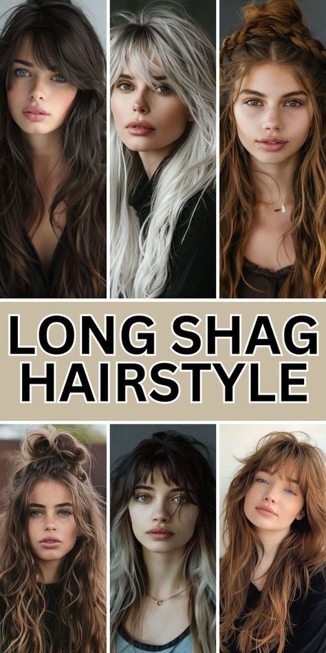 The Long Shag Hairstyle is not just for younger women; it’s an excellent choice for older women with fine hair too. This hairstyle’s choppy layers create the illusion of volume and texture, perfect for thinning hair. Adding curtain bangs can frame your face beautifully, making it a stylish option for older women over 60 who want to look chic and elegant. Super Choppy Layers Long Hair, Shag Wedding Hairstyles, Shag Long Hair Choppy Layers, Bangs And Choppy Layers, Choppy Layers For Long Hair, Hairstyle For Older Women, Shag Hairstyle, Long Shag Hairstyles, Textured Bangs