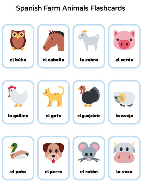 Free and printable Spanish animals Flashcards #teachspanish #learnspanish #studyspanish #español Spanish Animals Worksheet, Spanish Flashcards Printable Free, Free Printable Farm Animals, Spanish Flash Cards, Animals In Spanish, Printable Farm Animals, Online Flashcards, Spanish Animals, Spanish Flashcards