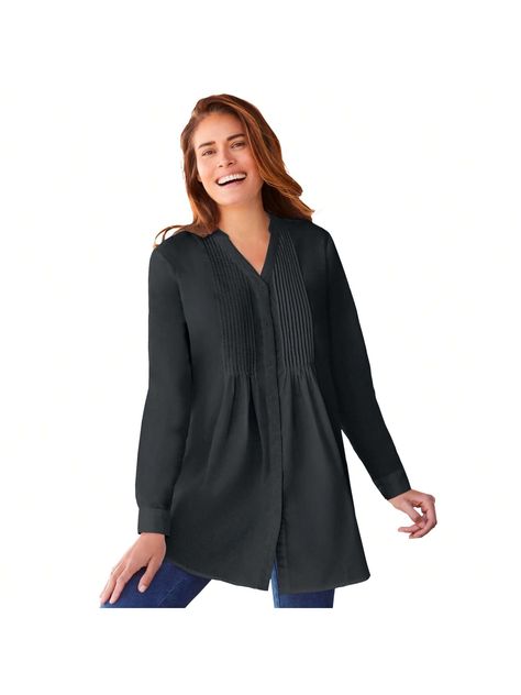 The perfect pintuck tunic is a must-have staple for your wardrobe, offering versatile style that easily dresses up or down.Features a chic open Y-neck mandarin collar for a touch of elegance.Designed with long sleeves and classic pintuck detailing for a refined look.Shirring and back yoke add subtle volume, enhancing comfort and fit.Finished with a shirttail hem that flatters all body types.Made from wrinkle-resistant, easy-care fabric for effortless maintenance.Measures 30" in length, perfect f High Neck Tank Top, Woman Within, Swimsuits For All, Knit Tees, Pin Tucks, Long Blouse, Layered Look, Staple Pieces, Versatile Style