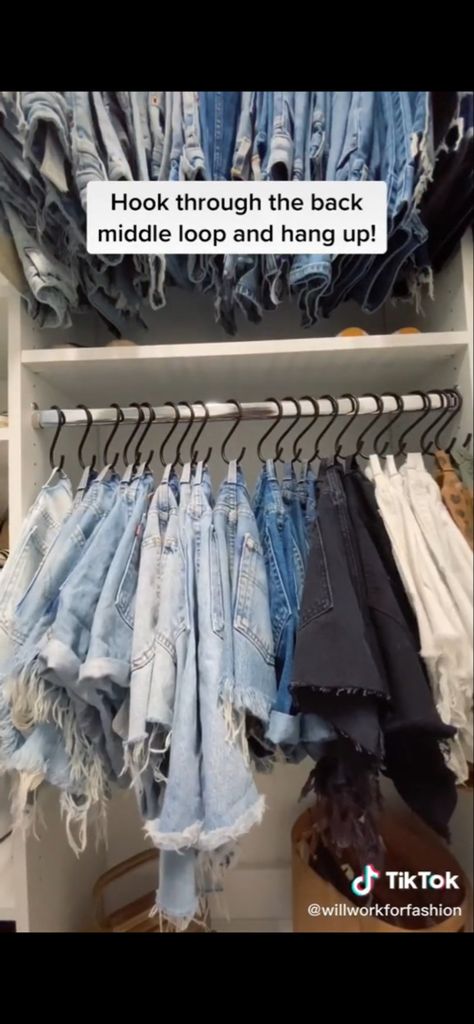 Jean Shorts Organization, Hang Shorts In Closet, Closet Shorts Organization, How To Hang Shorts In Closet, Hanging Shorts In Closet, Closet Hacks, Clothes Closet Organization, Closet Remodel, How To Hang