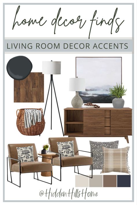 Living room accent decor with blue and brown tones! Blue And Brown Living Room, Blue Living Room Decor Ideas, Living Room Accent Furniture, Boho Mid Century Modern Living Room, Living Room Accent Pieces, Living Layout, Bnb Ideas, Brown And Blue Living Room, Tan Living Room