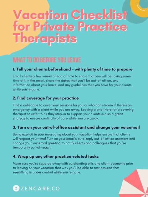 12-Step Vacation Checklist for Private Practice Therapists Therapist Private Practice, Vacation Items, Vacation Checklist, The Therapist, Licensed Professional Counselor, Vacation Activities, Email Client, Work Routine, 12 Step