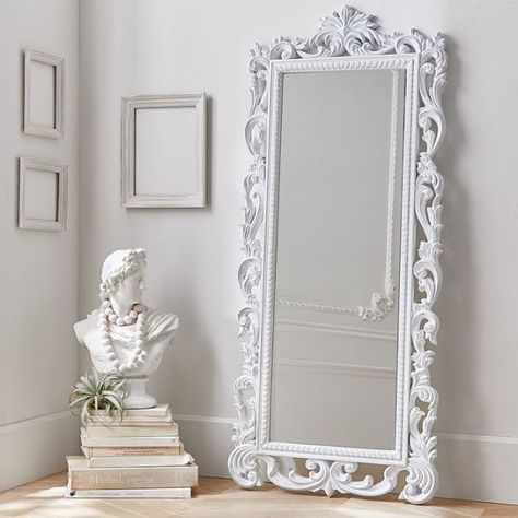 Lennon & Maisy Ornate Wood Carved Floor Mirror White Ornate Mirror, White Floor Mirror, White Mirror Frame, Bedroom Board, Room Crafts, Mirror Bedroom, Bedroom Stuff, Lighted Wall Mirror, Rustic Wall Mirrors