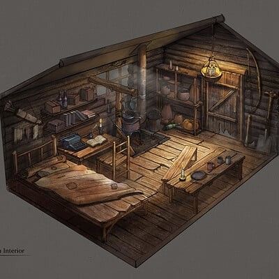 Apocalypse House Interior, Fantasy Cabin Concept Art, Fantasy Cabin Interior Concept Art, Viking House Interior Concept Art, Fantasy Room Concept Art, Apocalypse House, House Concept Art, Fantasy Cabin, Nordic Houses